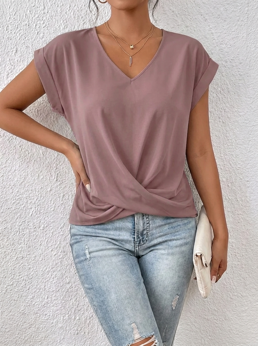 Lässiges T-Shirt mit V-Ausschnitt Womens en Rosa