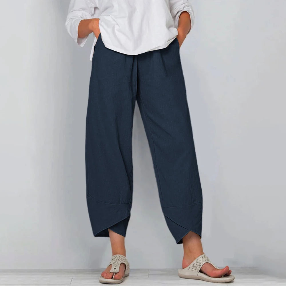 Livianos pantalones de lino pierna ancha en Azul marino