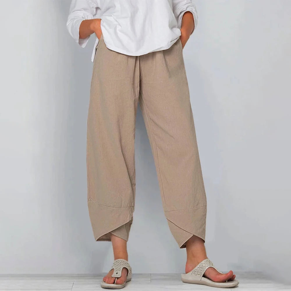 Livianos pantalones de lino pierna ancha en Caqui