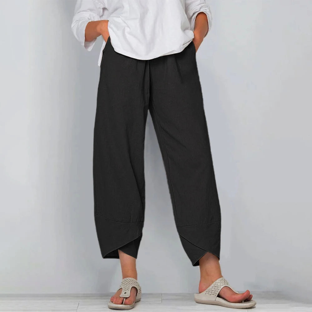 Livianos pantalones de lino pierna ancha en Negro