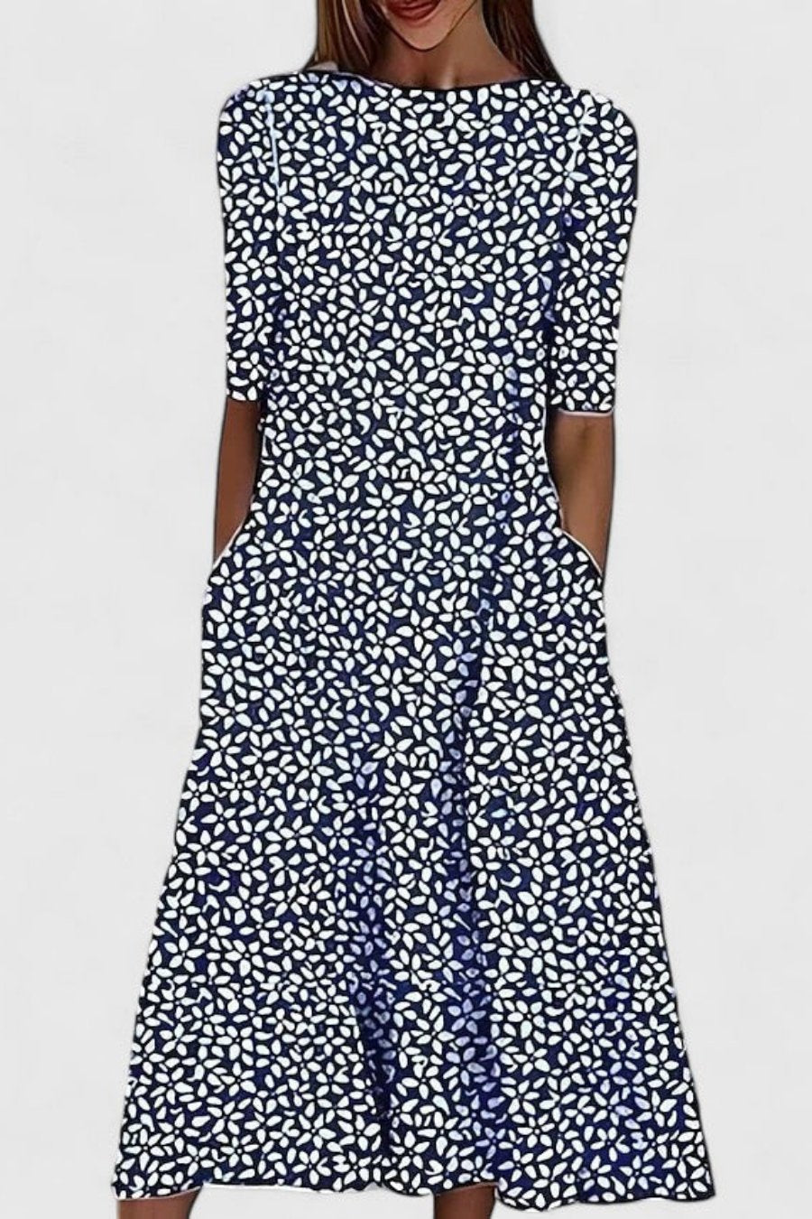 Midi Dress Cotton Round Neck en Azul oscuro