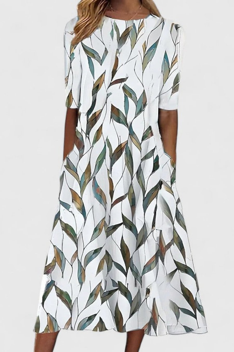 Midi Dress Cotton Round Neck en White 2