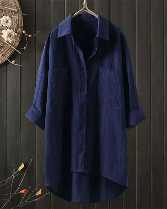 Mujer Blusa de Lino Elegante y Versátil en Azul