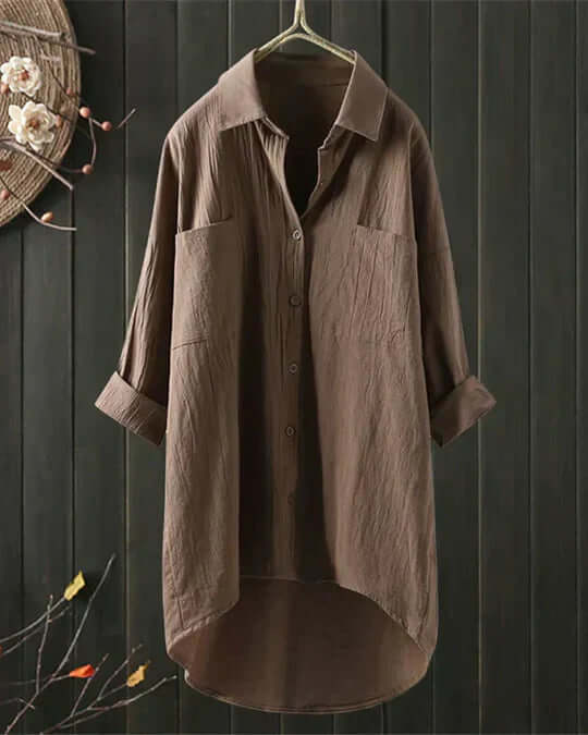Mujer Blusa de Lino Elegante y Versátil en Caqui