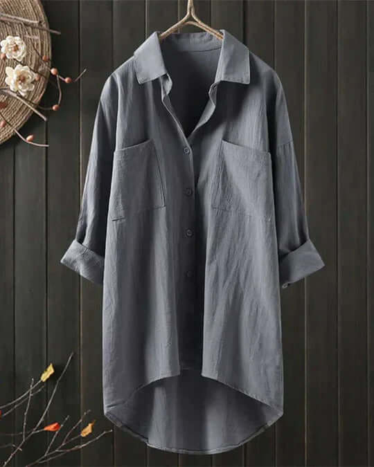 Mujer Blusa de Lino Elegante y Versátil en Gris
