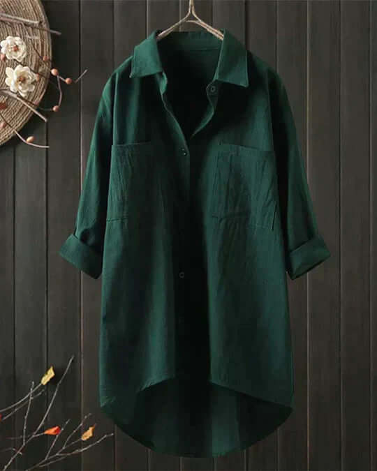 Mujer Blusa de Lino Elegante y Versátil en Verde