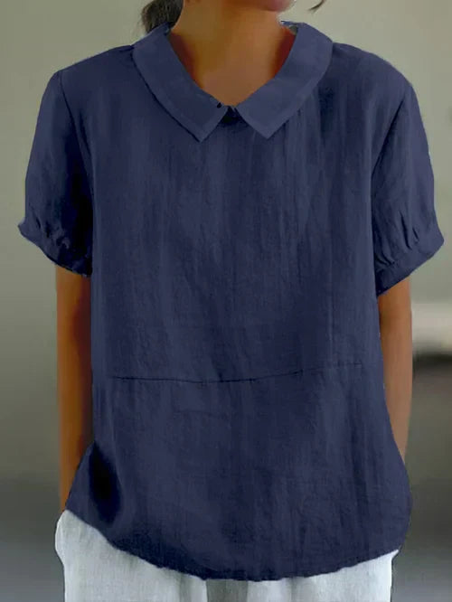 Mujer Blusa de Lino Suave y Versátil en Azul oscuro