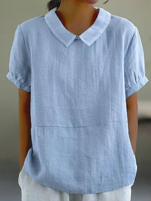 Mujer Blusa de Lino Suave y Versátil en Azul