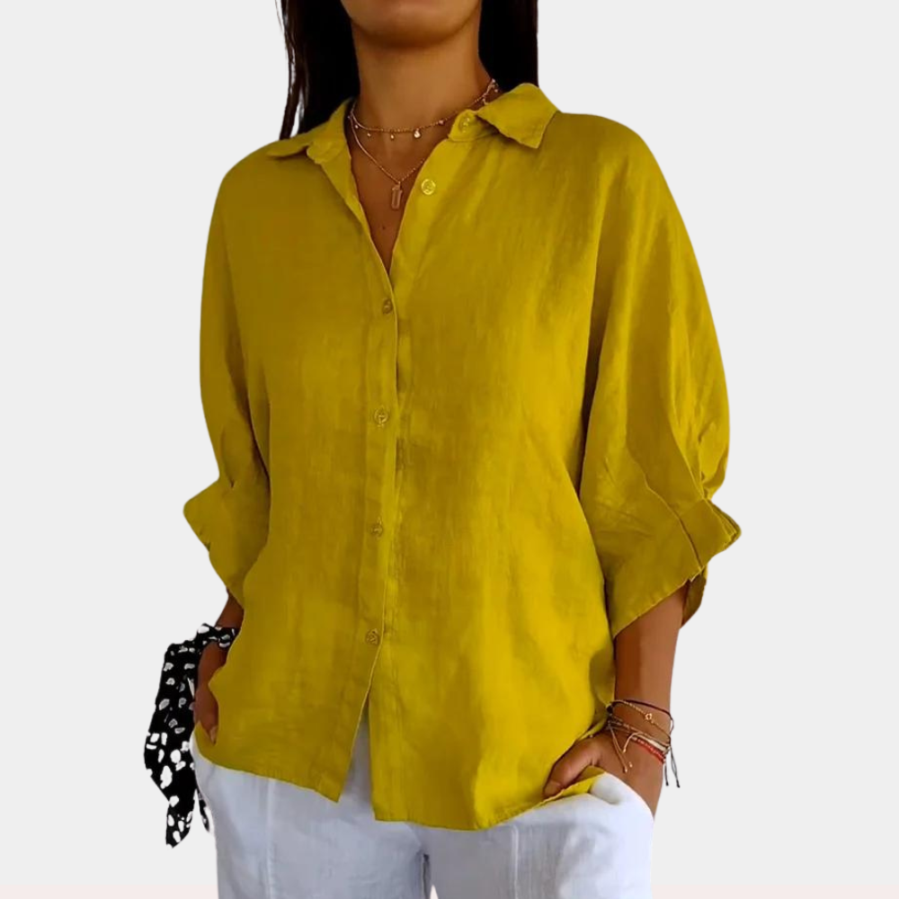 Mujer Blusa Lino Manga Larga Casual en Amarillo