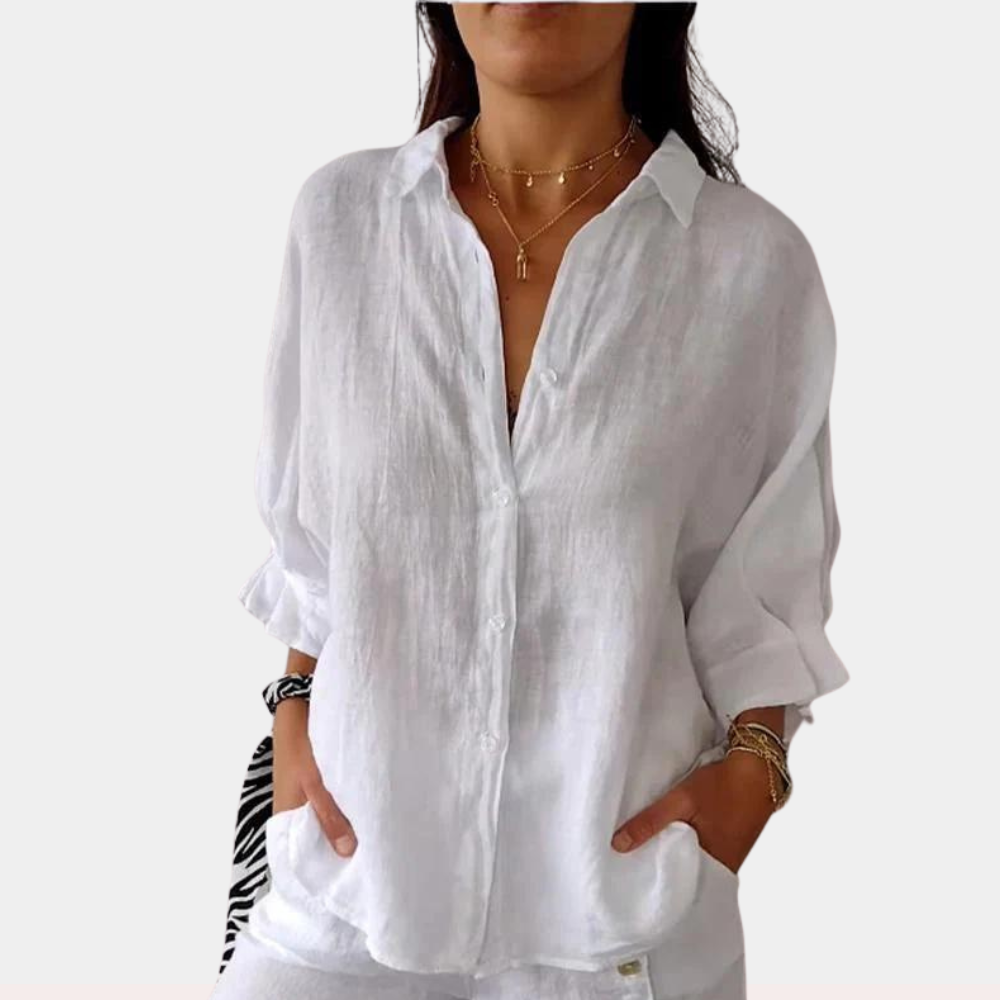 Mujer Blusa Lino Manga Larga Casual en Blanco
