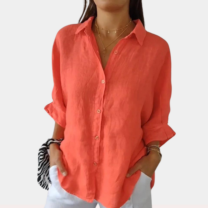 Mujer Blusa Lino Manga Larga Casual en Naranja