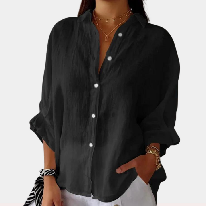 Mujer Blusa Lino Manga Larga Casual en Negro
