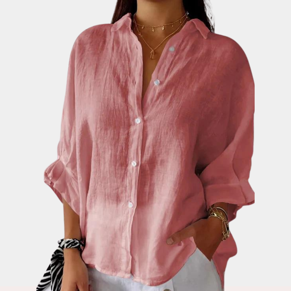 Mujer Blusa Lino Manga Larga Casual en Rosa
