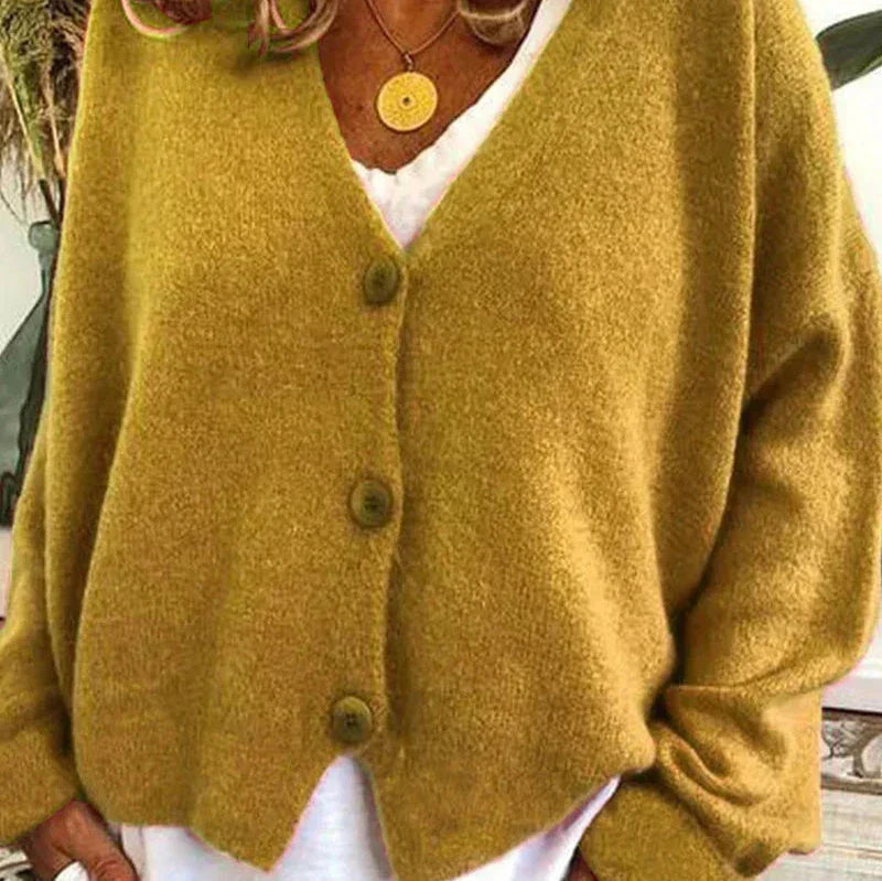 Mujer Cardigan de Punto Clásico en Amarillo