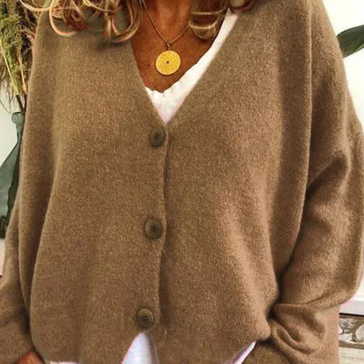 Mujer Cardigan de Punto Clásico en Caqui