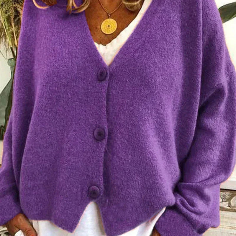 Mujer Cardigan de Punto Clásico en Morado