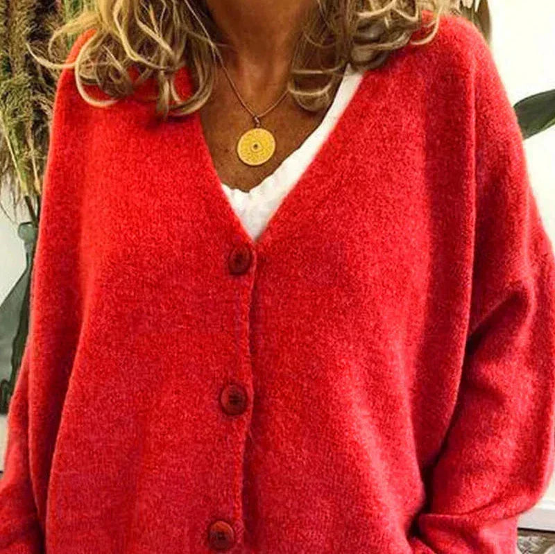 Mujer Cardigan de Punto Clásico en Rojo