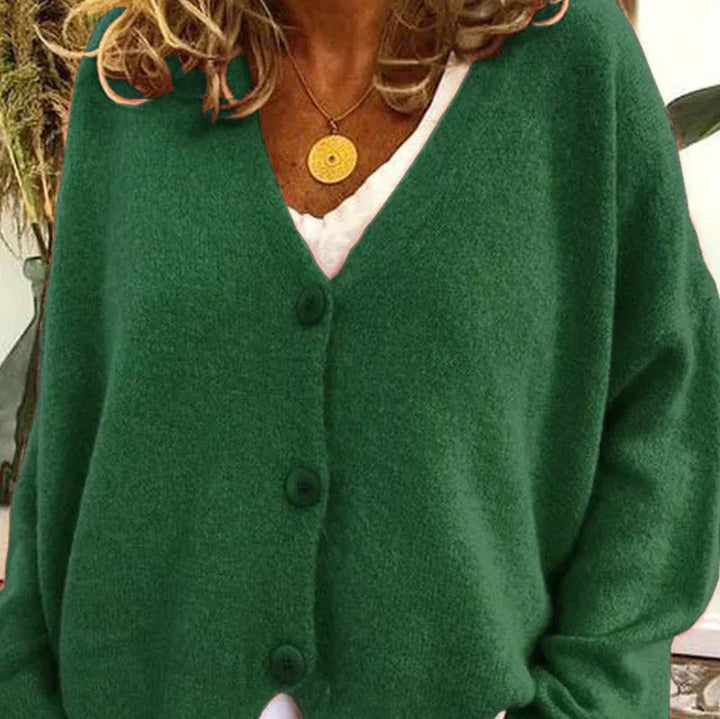 Mujer Cardigan de Punto Clásico en Verde oscuro
