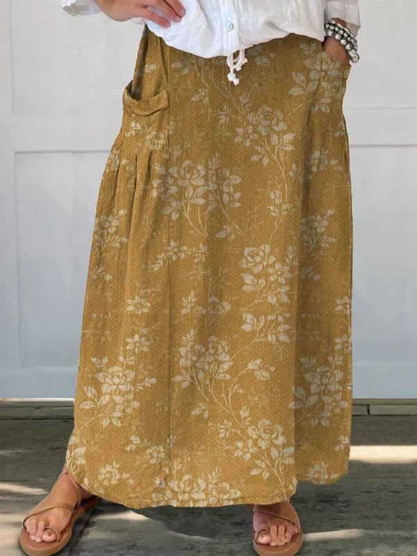 Mujer Falda de Lino Floral Vintage en Amarillo