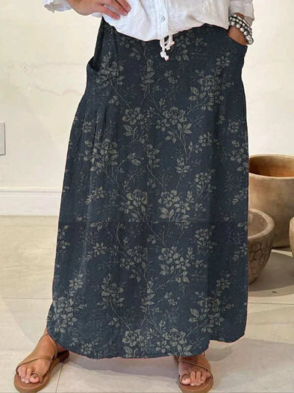 Mujer Falda de Lino Floral Vintage en NavyBlue