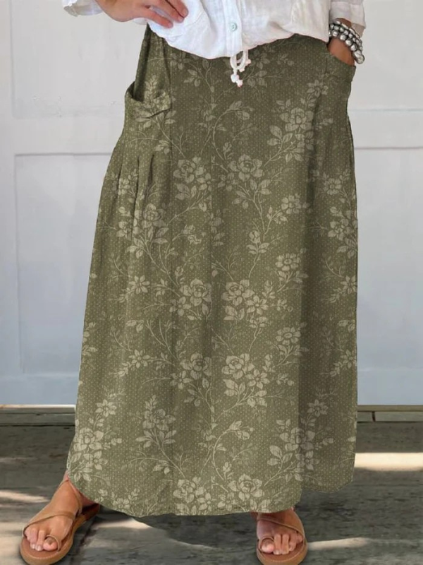 Mujer Falda de Lino Floral Vintage en Verde