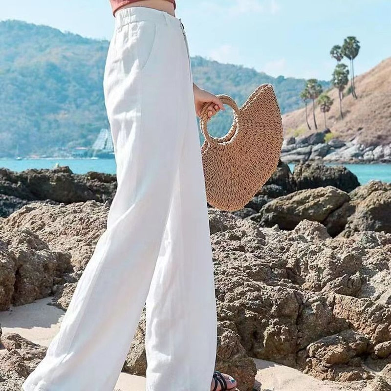 Mujer Pantalones de Lino Cintura Alta Pierna Ancha (2)