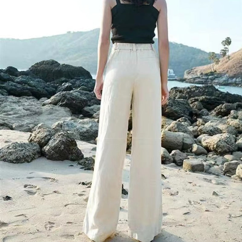 Mujer Pantalones de Lino Cintura Alta Pierna Ancha (5)