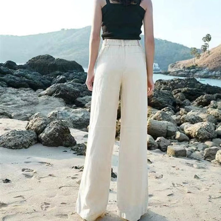 Mujer Pantalones de Lino Cintura Alta Pierna Ancha (5)