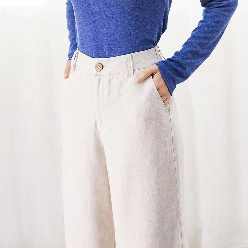 Mujer Pantalones de Lino Cintura Alta Pierna Ancha (7)