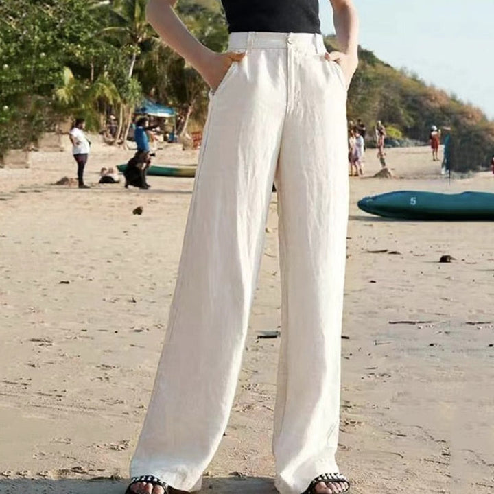 Mujer Pantalones de Lino Cintura Alta Pierna Ancha en Beige