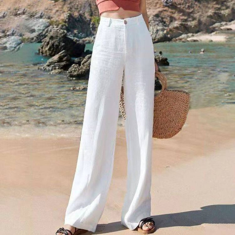 Mujer Pantalones de Lino Cintura Alta Pierna Ancha en Blanco