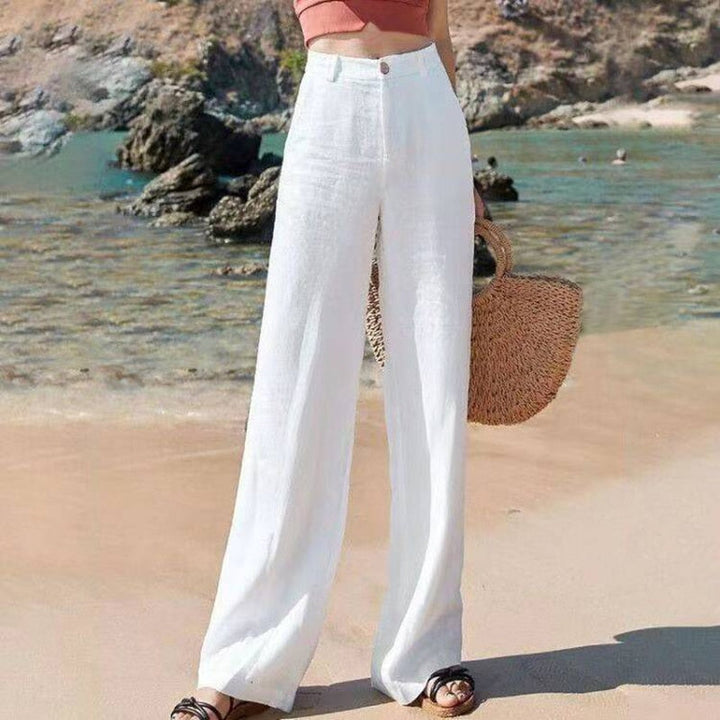 Mujer Pantalones de Lino Cintura Alta Pierna Ancha en Blanco