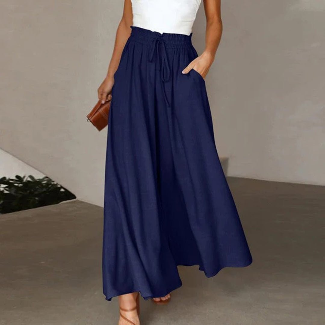 Mujer Pantalones de Lino Pierna Ancha Cintura Alta en Azul oscuro