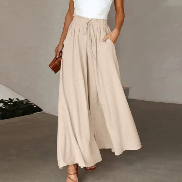 Mujer Pantalones de Lino Pierna Ancha Cintura Alta en Beige