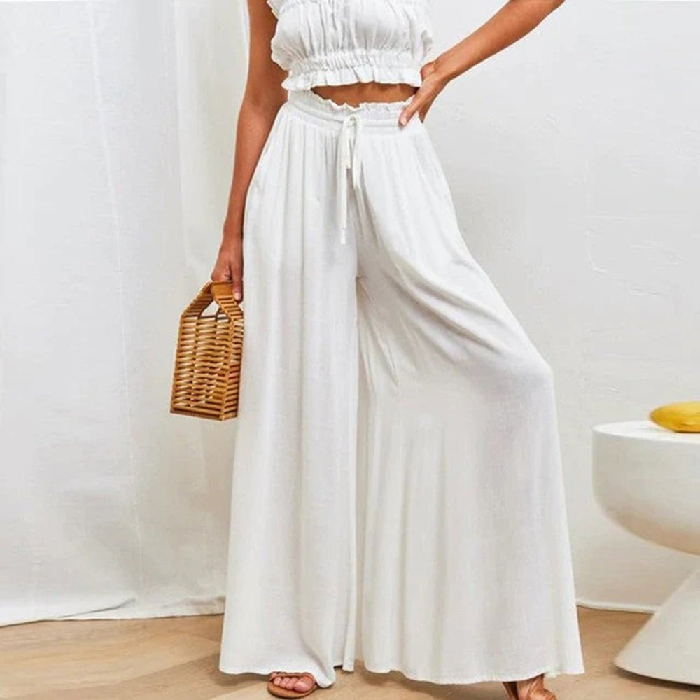 Mujer Pantalones de Lino Pierna Ancha Cintura Alta en Blanco