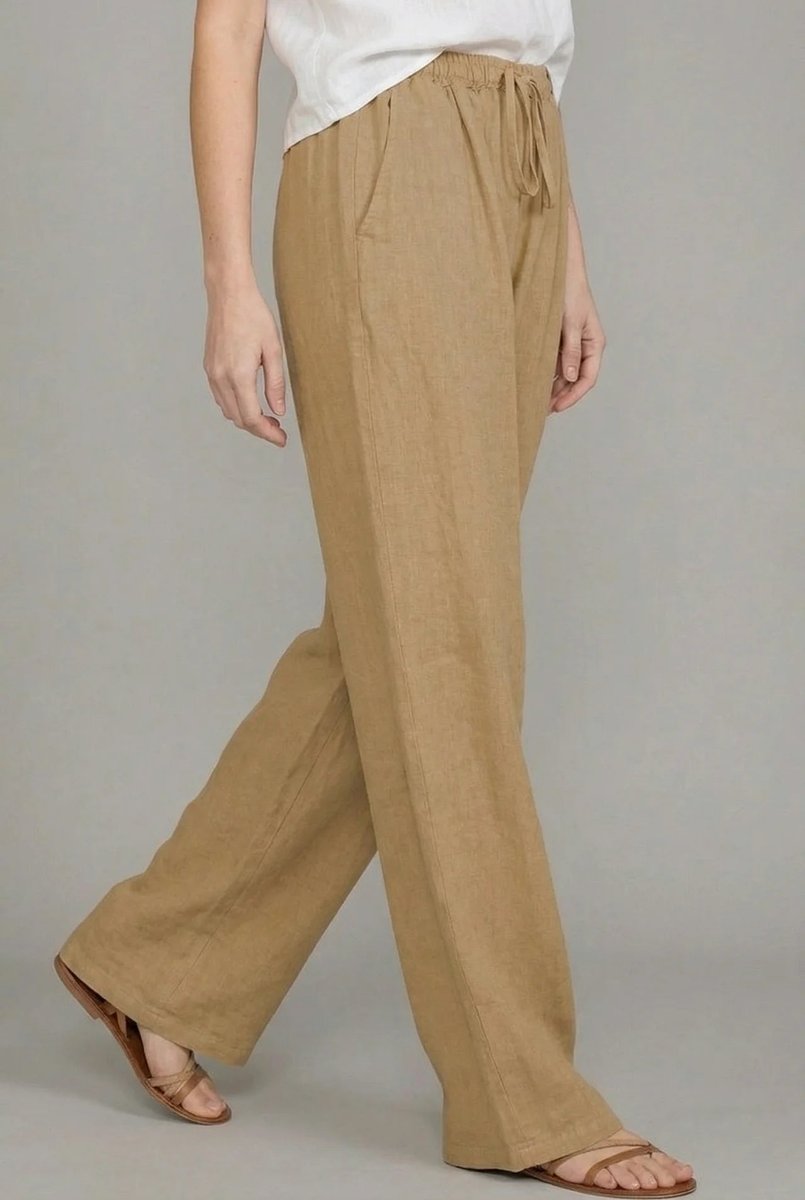 Mujer Pantalones de Lino Pierna Ancha Elástica (2)