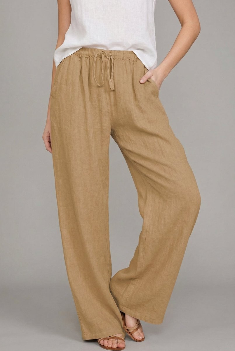 Mujer Pantalones de Lino Pierna Ancha Elástica en Caqui