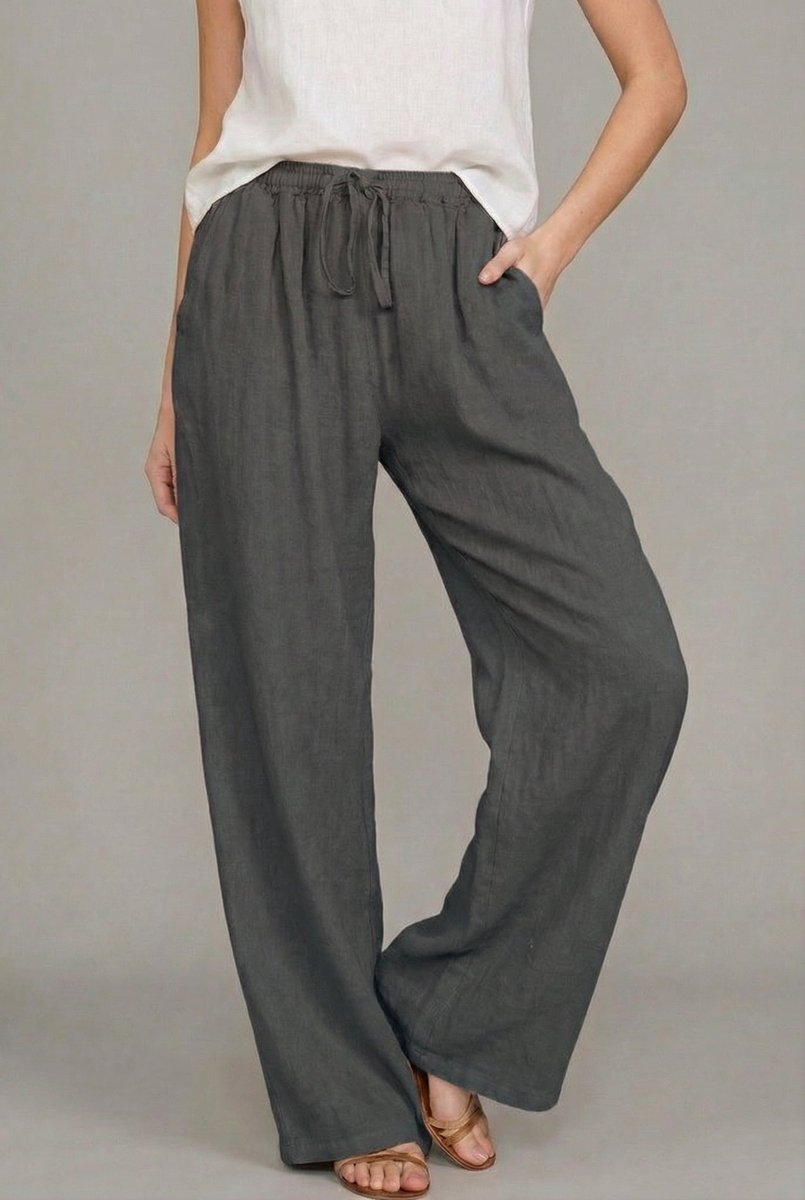 Mujer Pantalones de Lino Pierna Ancha Elástica en Gris oscuro