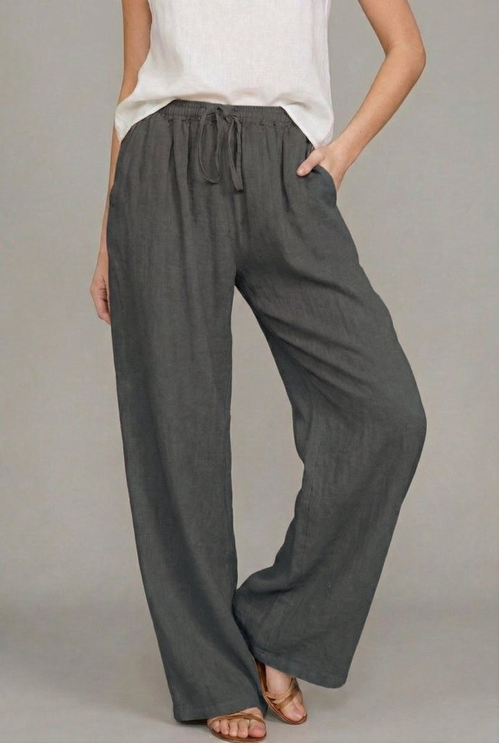 Mujer Pantalones de Lino Pierna Ancha Elástica en Gris oscuro
