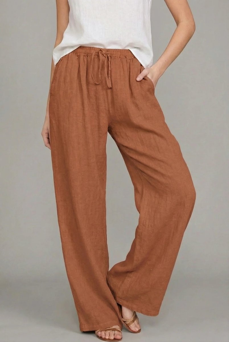 Mujer Pantalones de Lino Pierna Ancha Elástica en Naranja