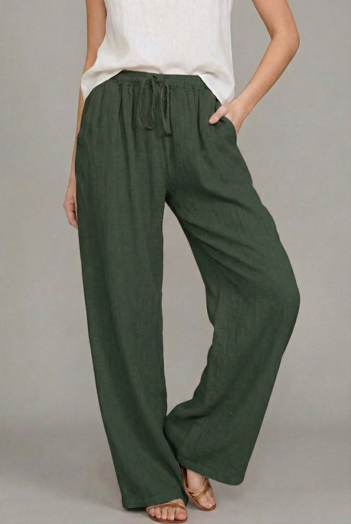 Mujer Pantalones de Lino Pierna Ancha Elástica en Verde