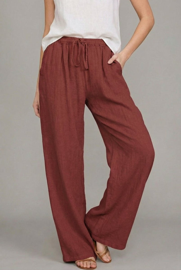 Mujer Pantalones de Lino Pierna Ancha Elástica en Vino