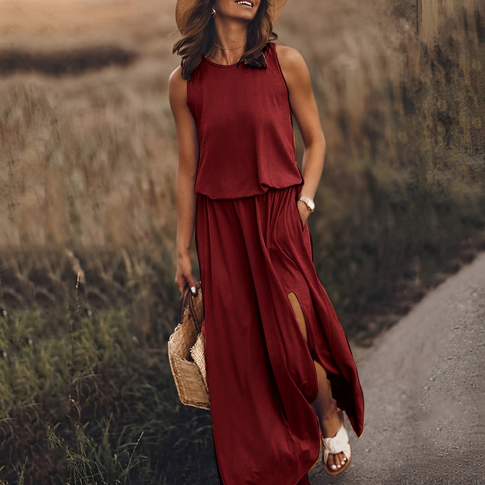 Mujer Vestido Maxi de Verano Elegante en Burgunderrot