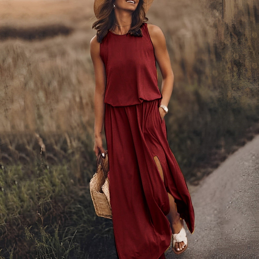Mujer Vestido Maxi de Verano Elegante en Burgunderrot