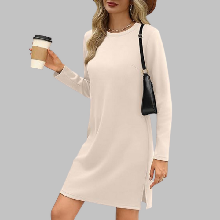 Mujer Vestido Mini Otoñal con Mangas Largas en Beige