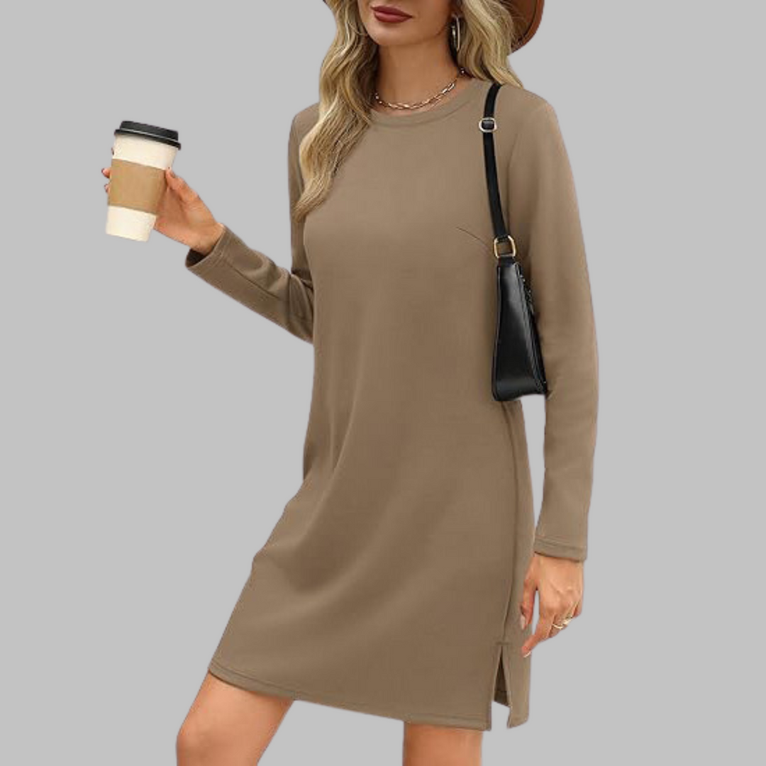 Mujer Vestido Mini Otoñal con Mangas Largas en Caqui