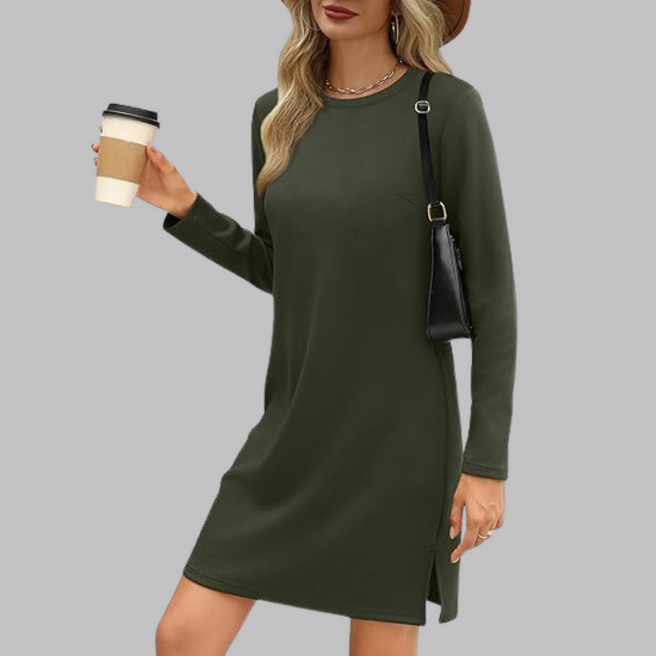 Mujer Vestido Mini Otoñal con Mangas Largas en Verde oliva