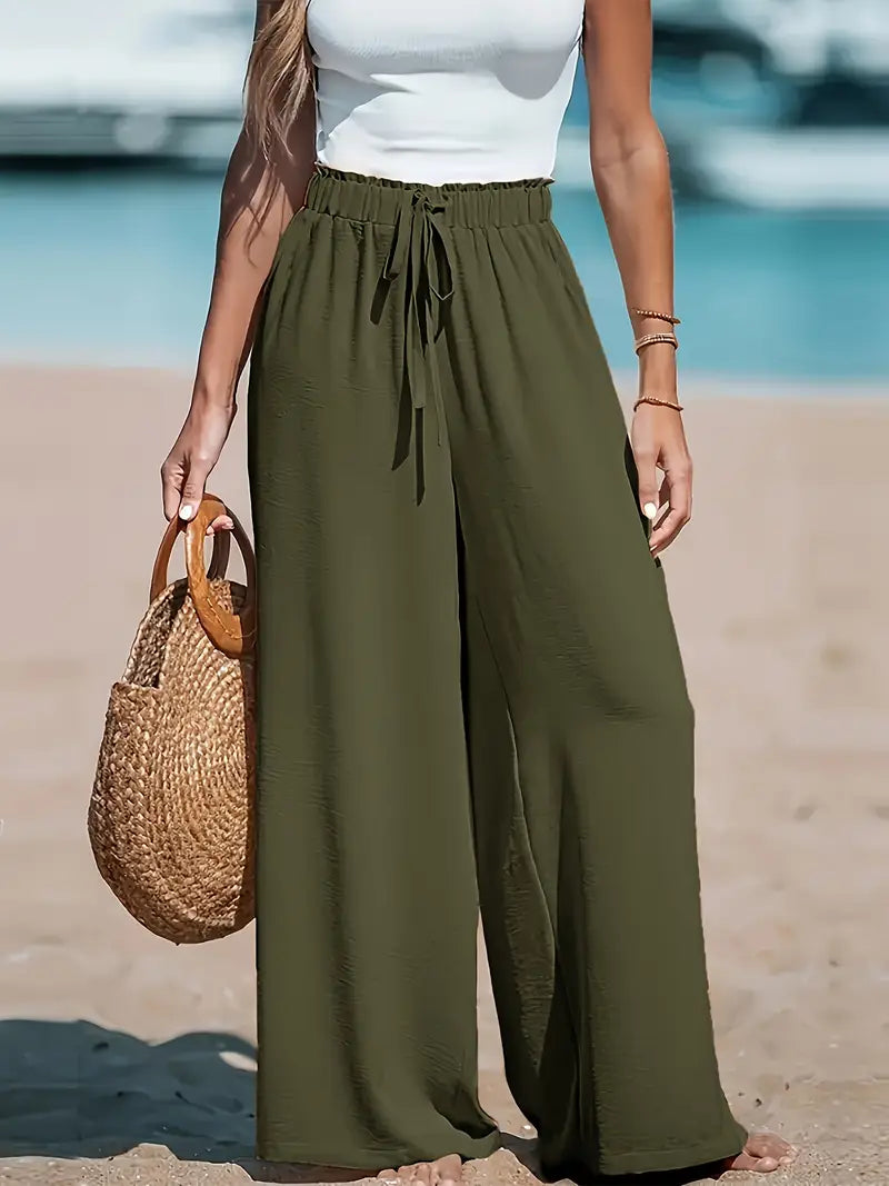 Pantalones Anchos Elegantes de Talle Alto en Verde oliva