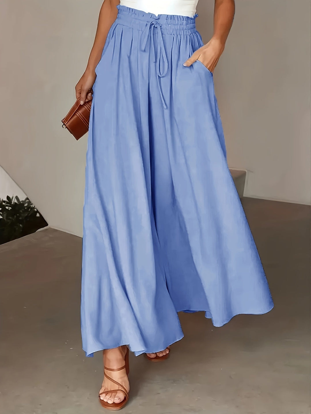 Pantalones Anchos Fluidos Cintura Alta en Azul claro