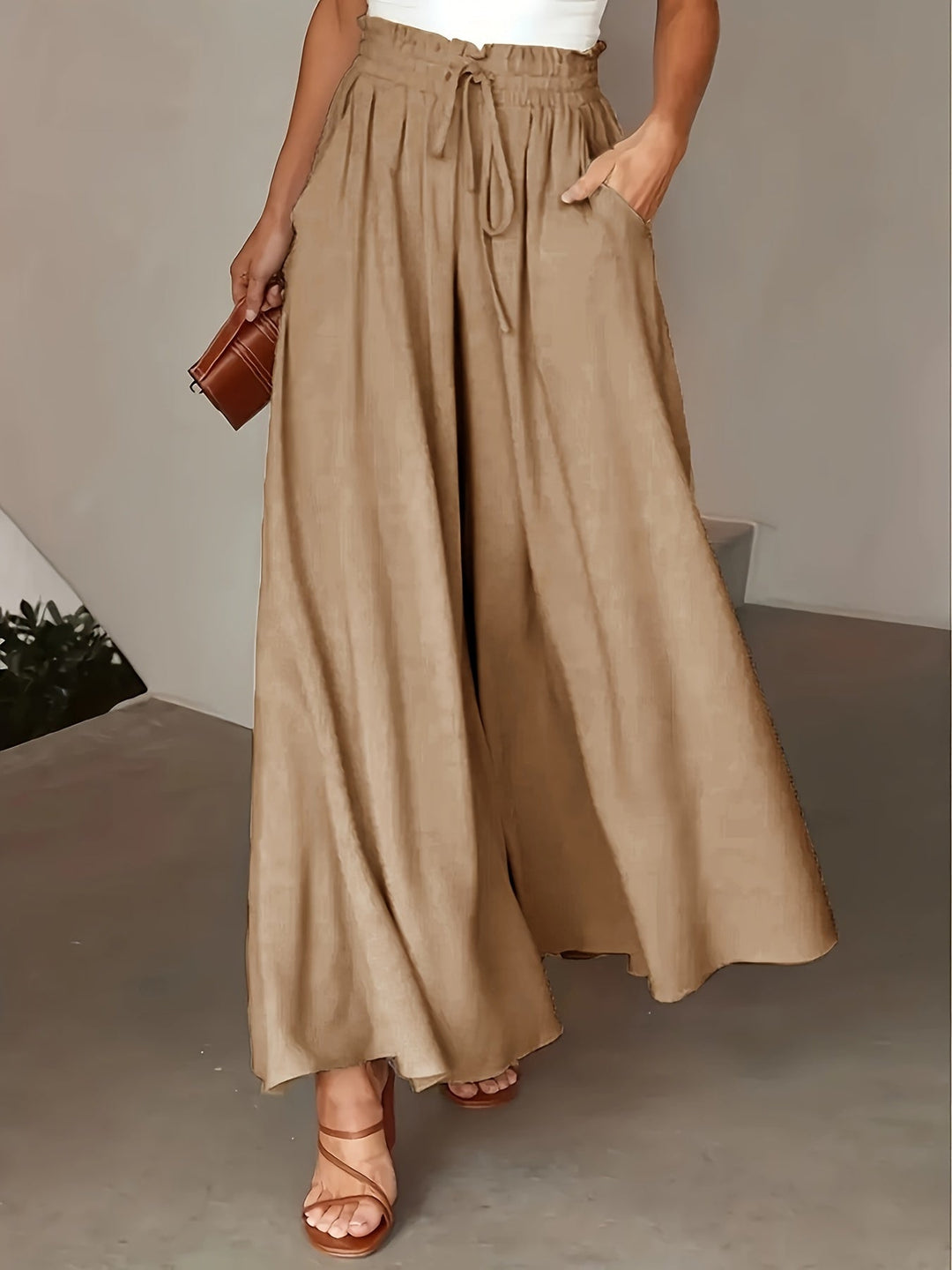 Pantalones Anchos Fluidos Cintura Alta en Caqui